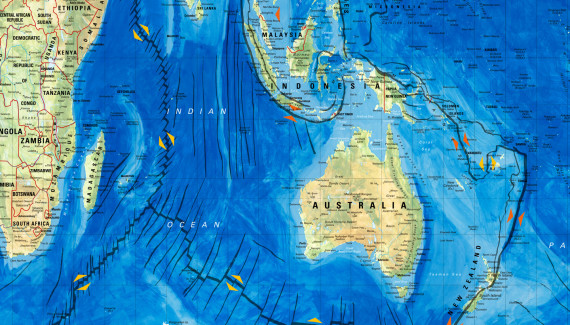 Wellington Academy Geography wall graphic showing Gall Peters projection world map detail featuring Australia