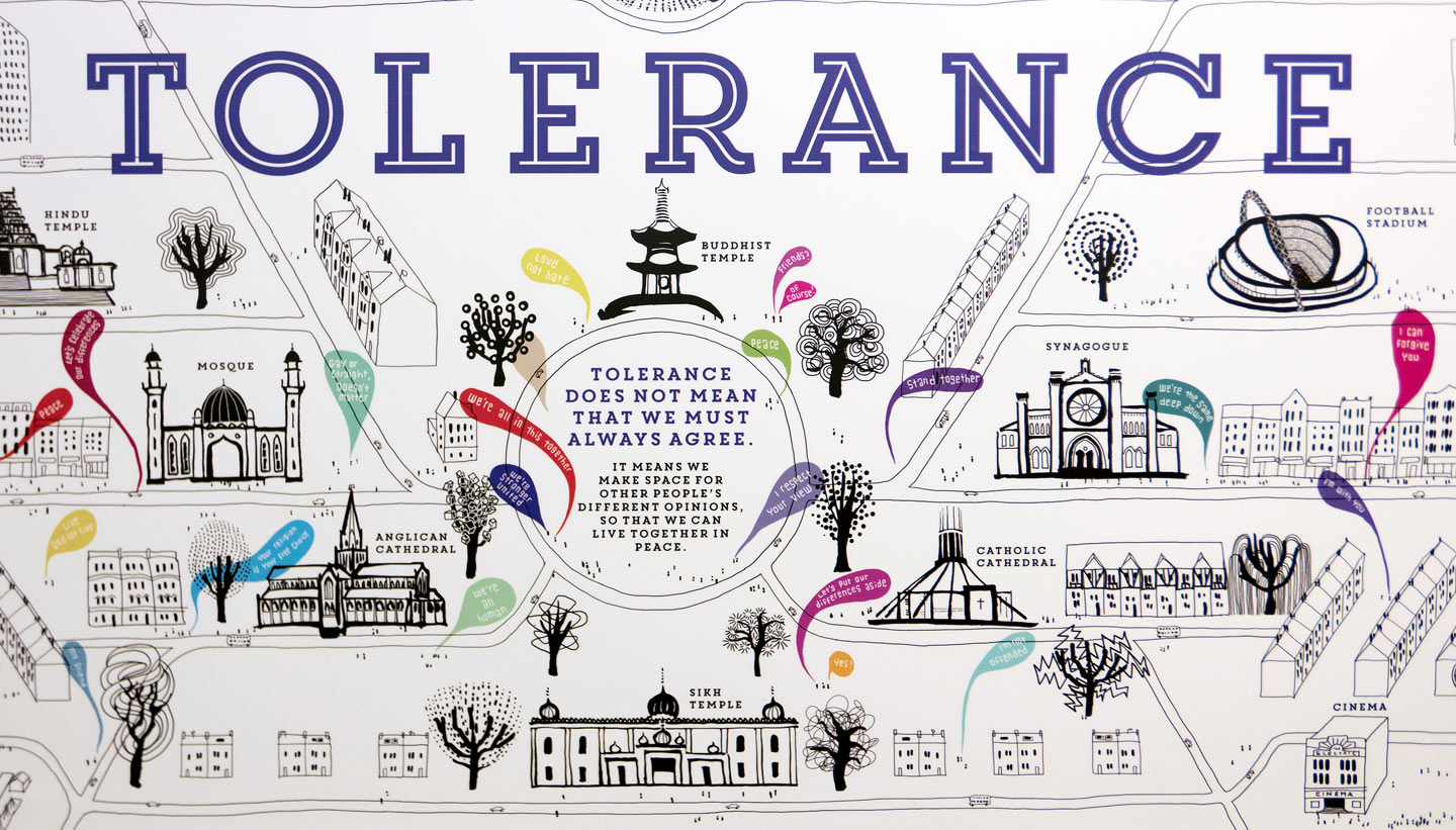 School wall graphics - British Values wall - showing Tolerance detail with a stylised townscape with speech bubbles from people being tolerant towards each other - hand illustrated wall design by Toop Studio