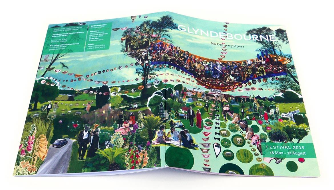 Glyndebourne Festival Illustration 2019 - cover illustration showing a painted collage of the landscape around Glyndebourne