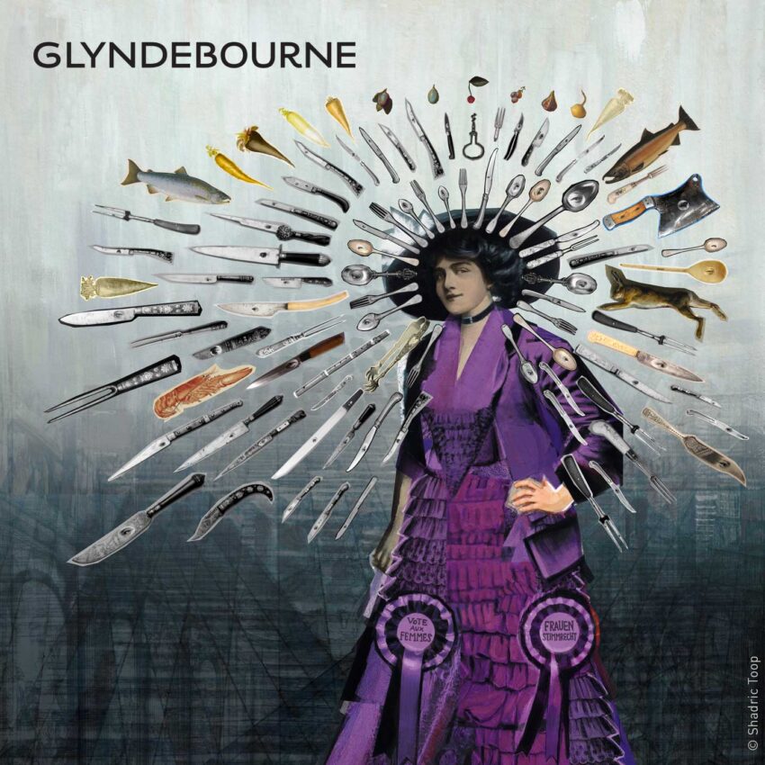 Glyndebourne Festival 2019 Die Zauberflote illustration showing the Queen of the Night character with surreal painted collage of knives spoons and food from the hotel kitchen