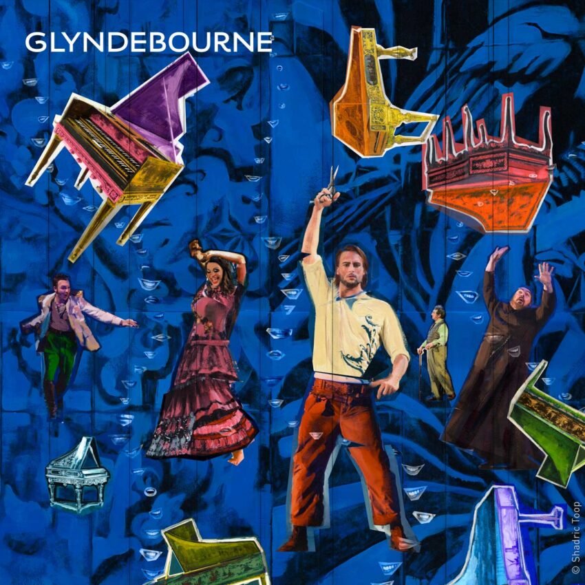 Glyndebourne Festival 2019 Il barbiere di Siviglia illustration showing characters from the opera with harpsichords