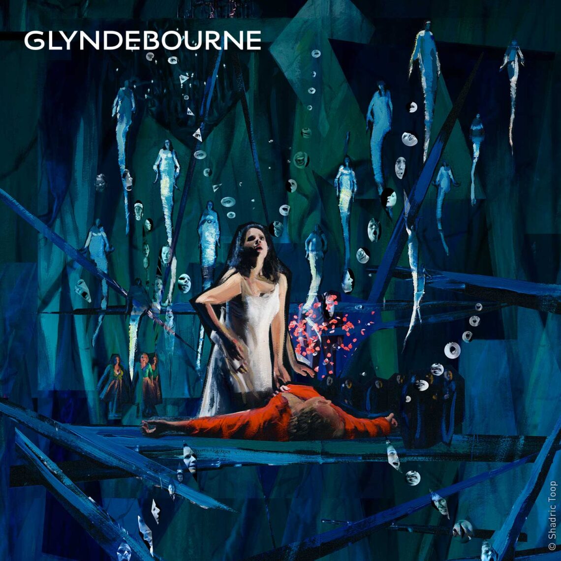 Glyndebourne Festival 2019 Rusalka illustration showing the main characters of the opera within a surreal blue green world with water nymphs