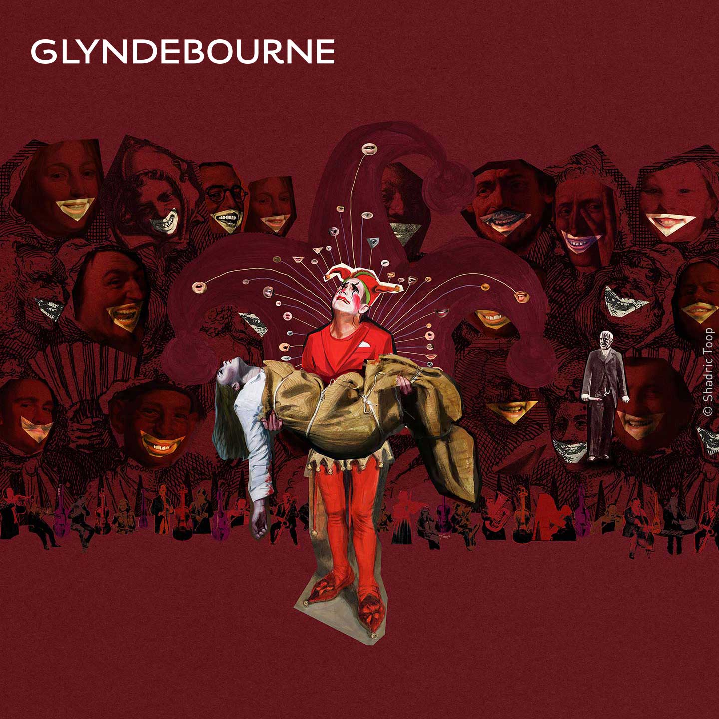 Glyndebourne Tour 2019 brochure Rigoletto spread illustration showing a distressed court jester holding the body of his daughter with strange laughing faces in the background