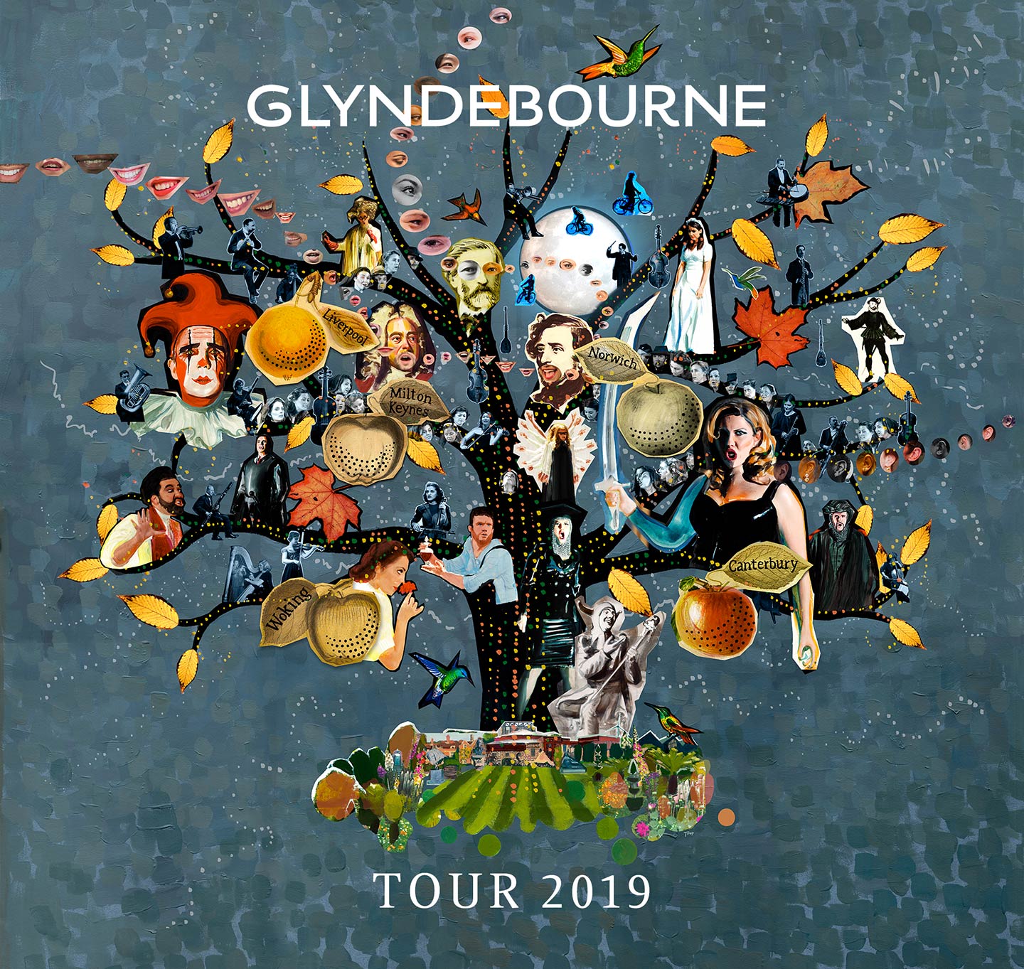 Glyndebourne Tour 2019 illustration featuring a tree with opera characters composers and musicians