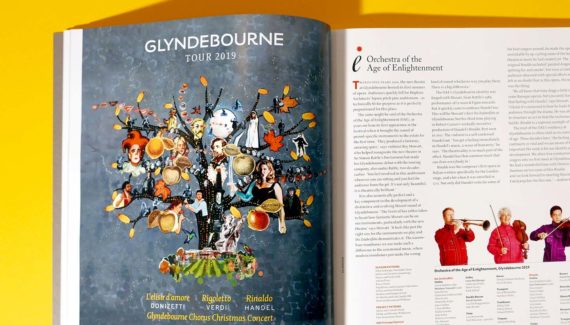 Glyndebourne Tour Ad 2019 illustration showing a tree full of opera characters