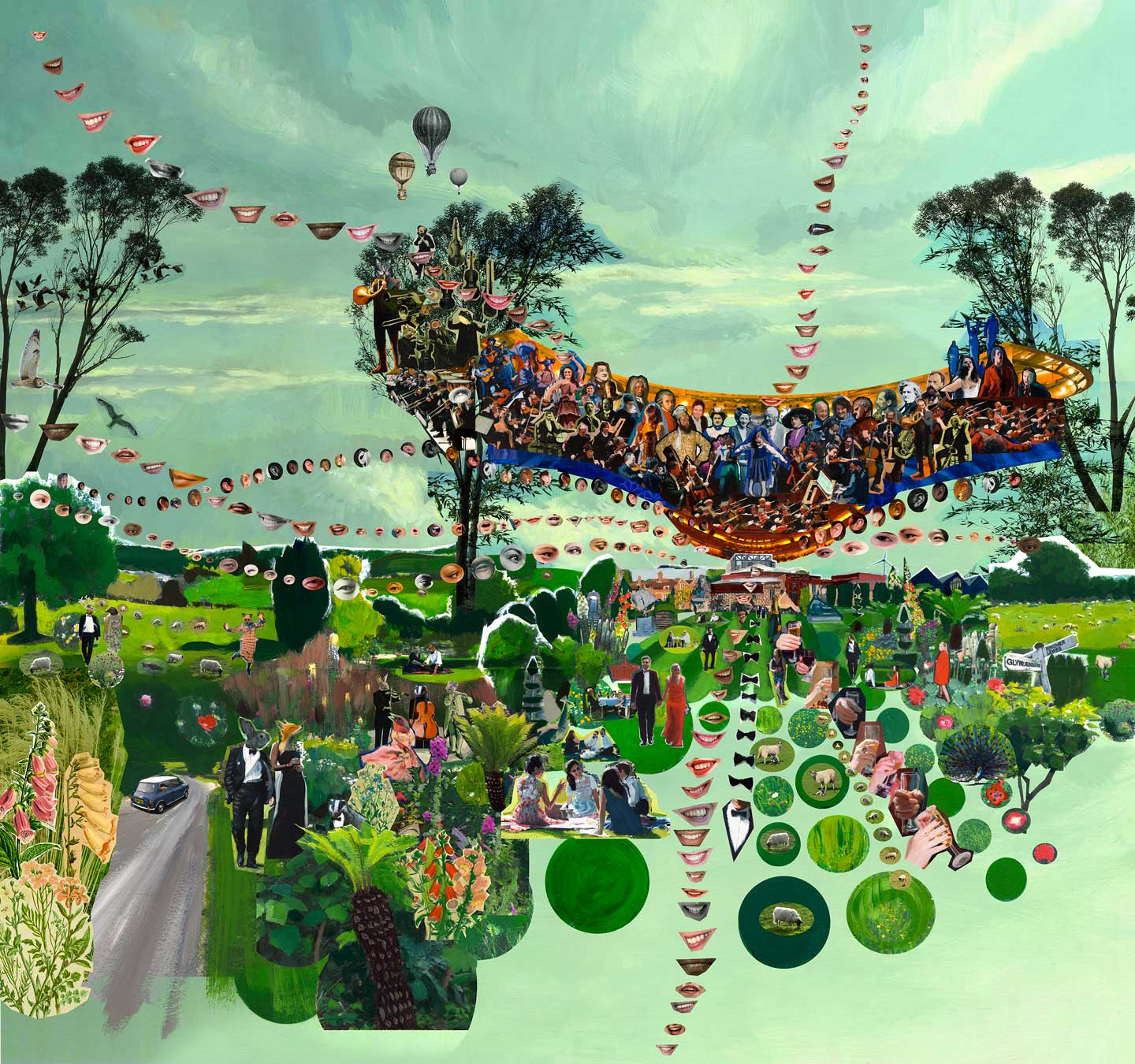 Glyndebourne Festival Illustration 2019 - Surrealist Painted Collage of the Glyndebourne Gardens with Opera Characters Musicians and audience members and English country animals - Shadric Toop