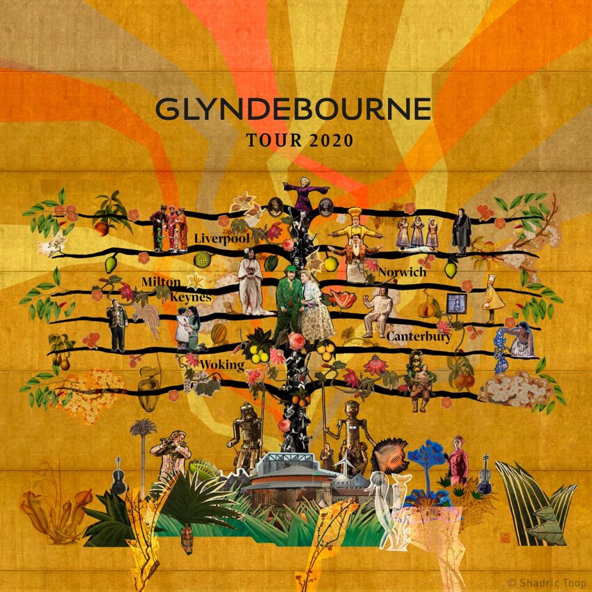 Glyndebourne Tour Illustration 2020 - Hero Image featuring a tree with opera performers, musicians and the Glyndebourne garden - Toop Studio