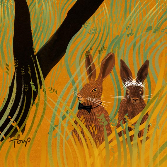 Grange Park Opera illustration - 2024 Season detail featuring 2 brown hares in long grass, one hare is wearing a bow tie and the other is wearing a diamond tiara