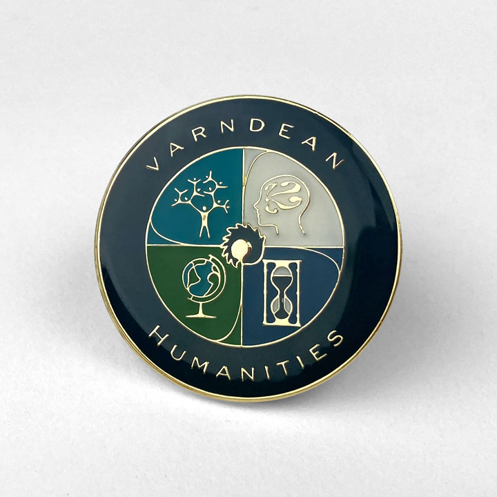 School Badges - Humanities showing 4 quadrants the first is a tree of people, the second is a head full of question marks, the third is a globe on a stand and the fourth is an hourglass - Toop Studio